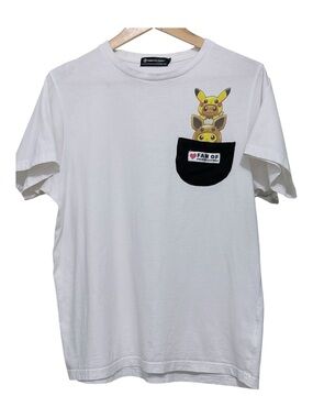 Pokemon White Short Sleeve Tee with Black Pocket and Yellow Pikachu & Eevee
Sz M